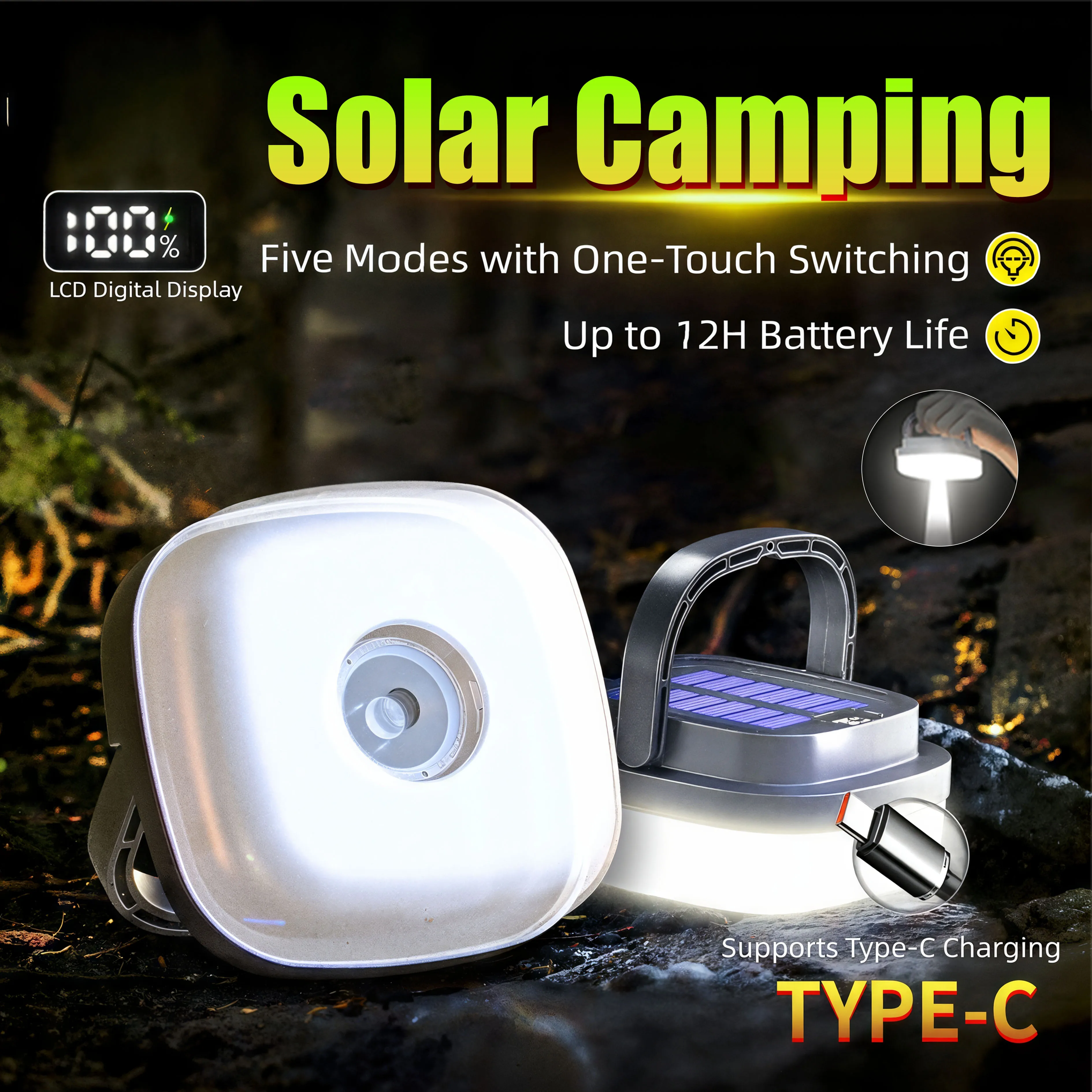 

Солнечная лампа для кемпинга, 5 режимов, масштабируемый тип C, быстрая зарядка, цифровой дисплей, аккумулятор 1000 мАч, уличная палатка, сад, спальня, аварийная ситуация