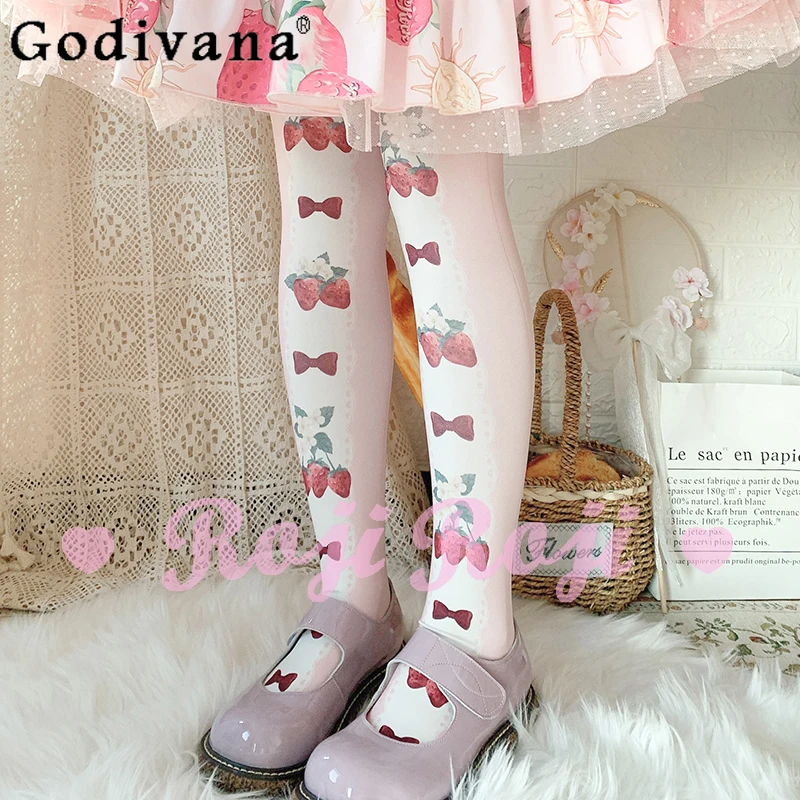 

2024 Summer New Fashion JK Strawberry Print Jacquard Lolita Tights Girly Sweet Cute Lolita Pantyhose Women Kawaii Slim Stockings