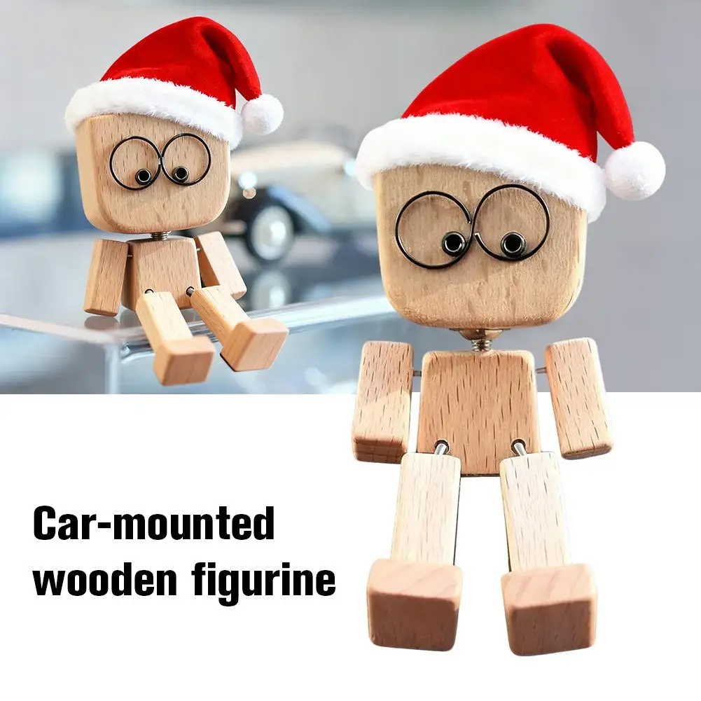 Christmas Rocking Wooden Man Statue Car Ornament Rocking Robot Man Wooden Gift Car Figurine Leg Cute Creative O2Y7