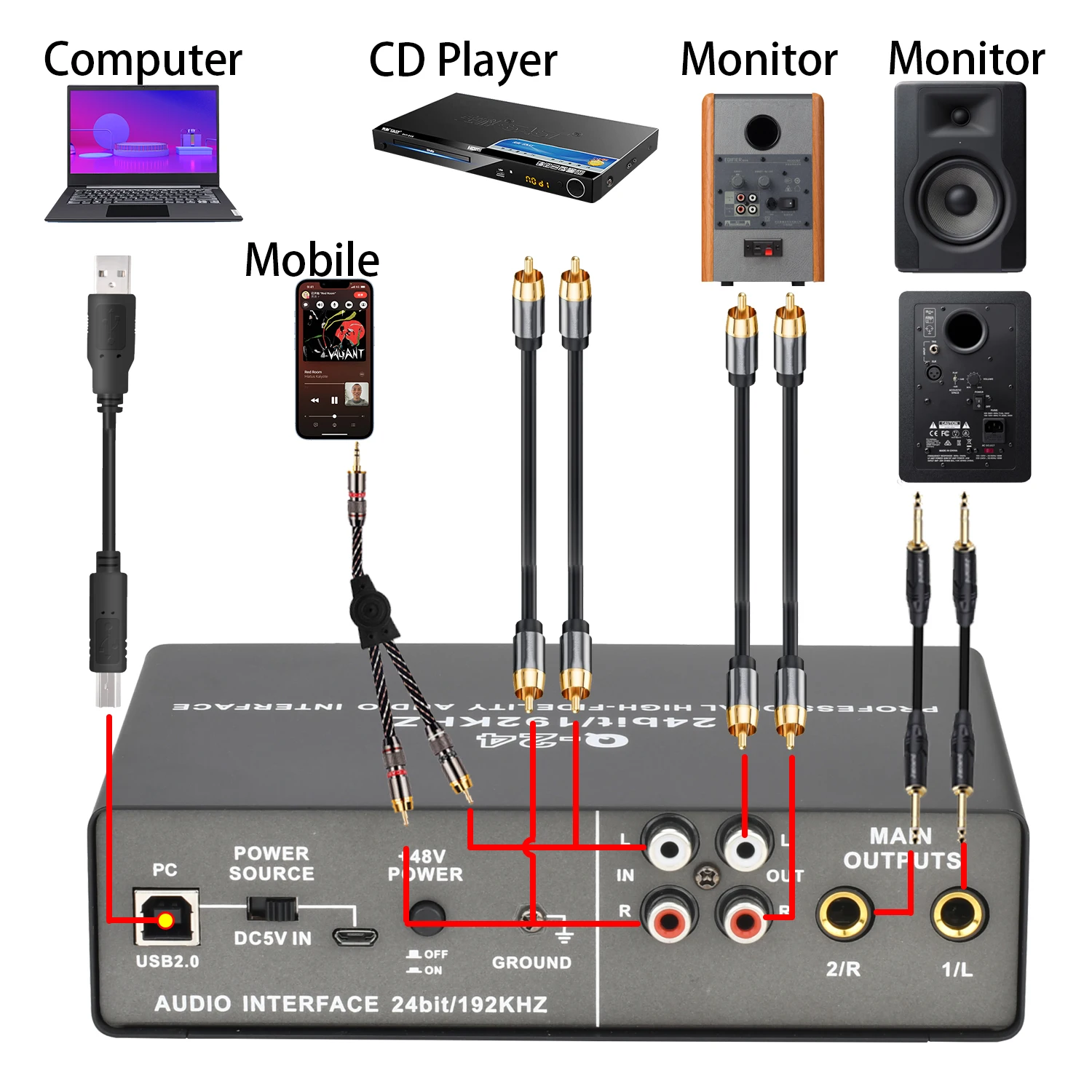 Imagem -05 - Interface de Áudio Profissional Input Placa de Som para Guitarra Loopback Usb Soundcard Externo Estúdio pc Gravação 24bit 192khz Q24