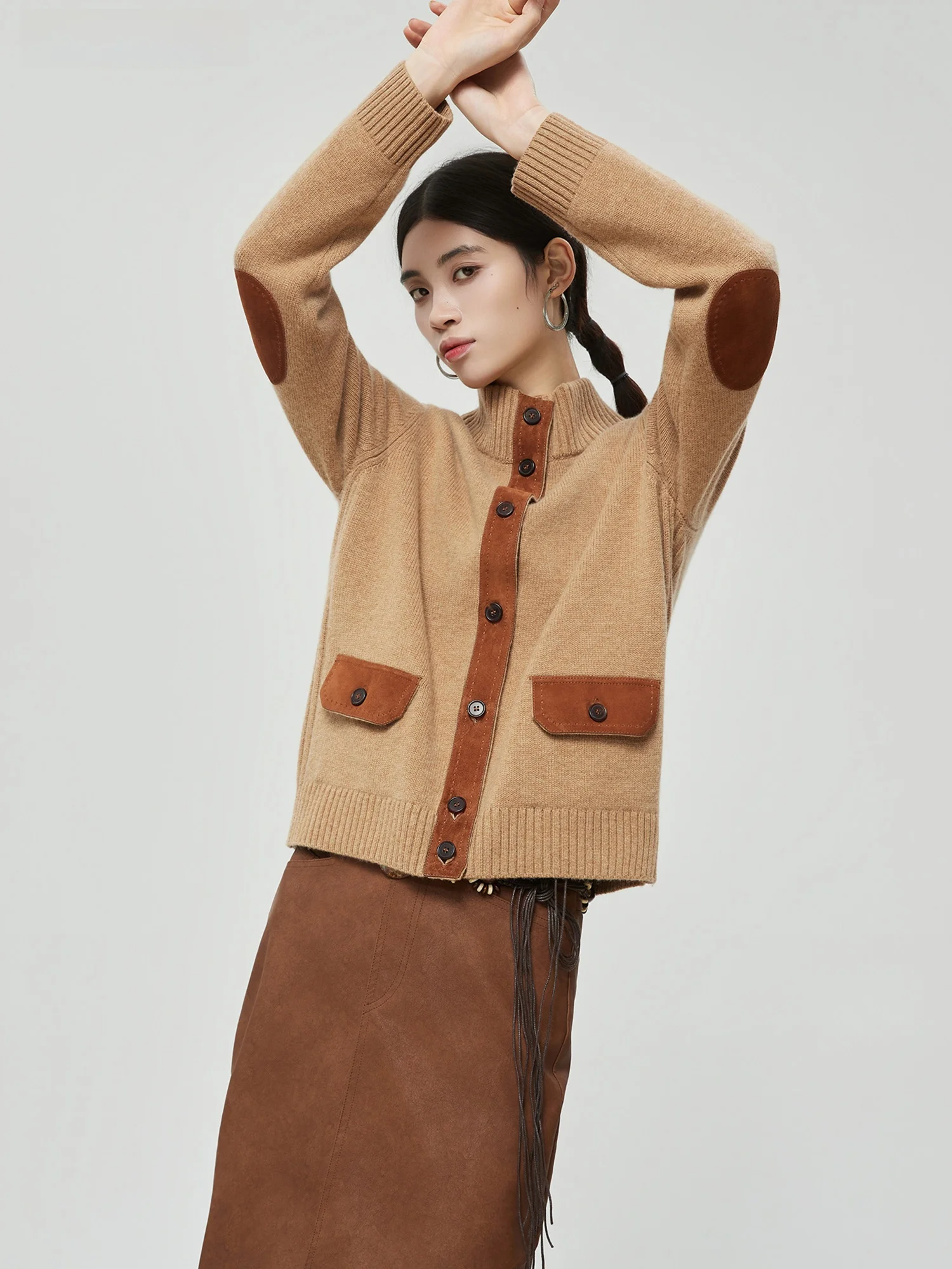 

Retro Suede Splice High Collar Knitted Sweater Coat Women's Autumn Winter New Design Sense Knitted Open Cardigan