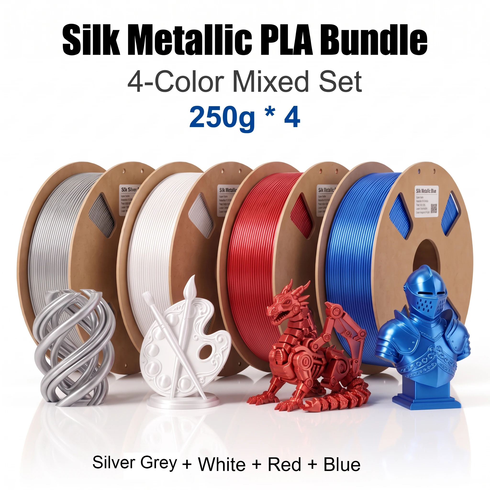 Silk PLA 3D Printer Filament Bundle 1.75mm 200 250 500 1000g Compatible with Most FDM 3D Printers Silver Gray White Blue Red