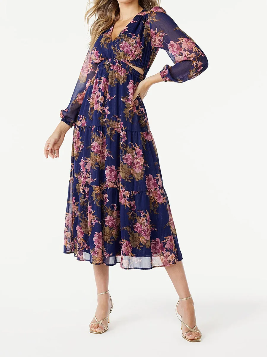 Women s Floral Maxi Dress Fall Casual Long Sleeve V Neck Cutout Long Dress Beach Party Dresses