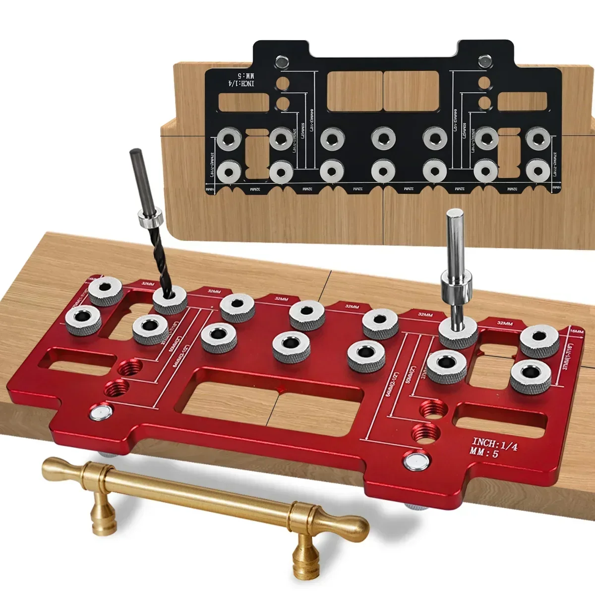 

Multi-Function Drill Jig Set - Aluminum Shelf Pin Template + Pocket Hole Locator for Cabinet/Furniture Precision Drilling