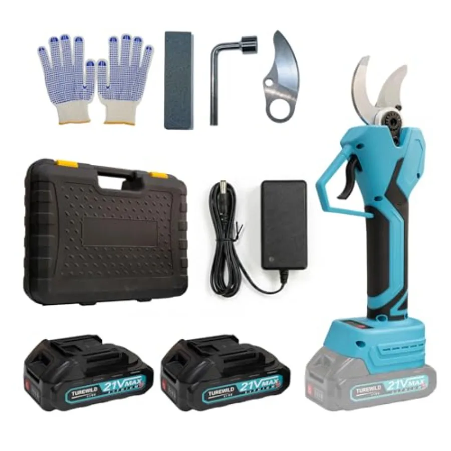 

Electric Pruning Shears 21V Max Cordless for gardening blue ABS plastic body includes 2 batteries charger carrying case gloves