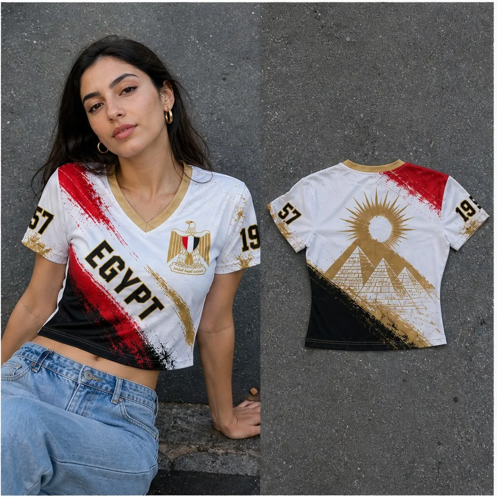 Womens Egypt Eagle Pyramid V Neck Cropped Short Sleeve T Shirt Ancient Sun Graphic Casual Summer Streetwear Fashion Tops For Her