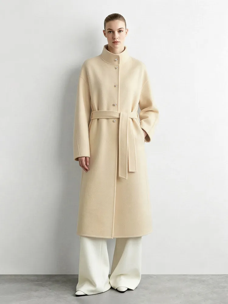 Amii Women's Double-Faced Wool Long Coat Stand Collar Belted Commuter Minimalist Women Winter Long Coats 12624099