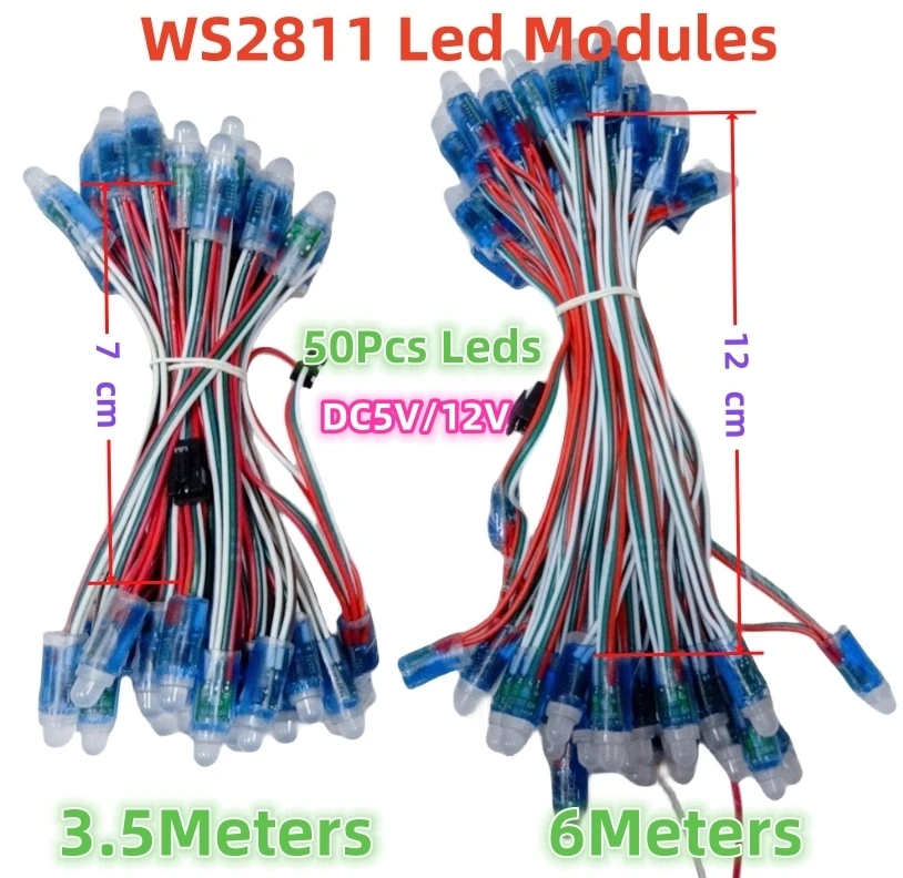 3.5M/6M 50Leds F12mm DC5V/12V WS2811IC pełnokolorowa moduł lampy LED pikselowa IP68 wodoodporna kolor RGB cyfrowa lampa LED