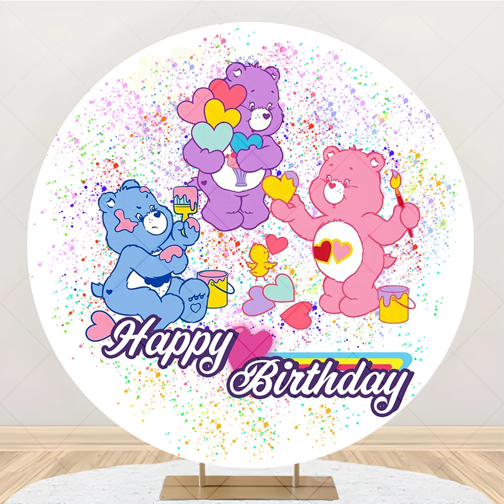 Care Bear Round Photo Backdrop Custom Kids Birthday Party Cartoon Rainbow Circle Photography Backgrounds Baby Shower Decoration