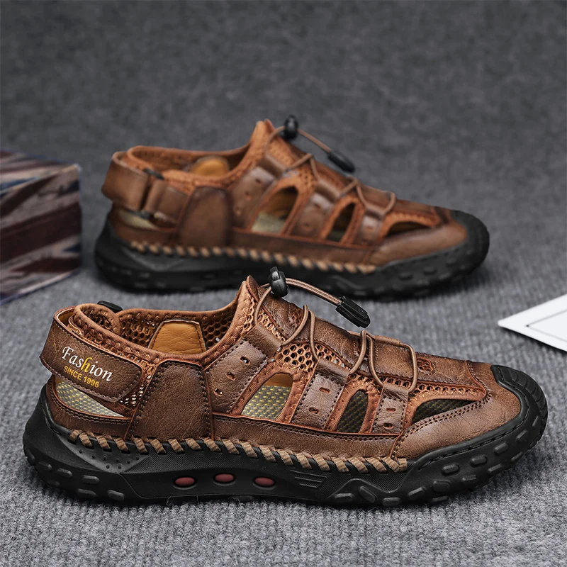 

New Fashion Leather Men's Sandals Punk Flat Casual Shoes Cross Strap Breathable Sandals Thick Bottom Fisherman Shoes