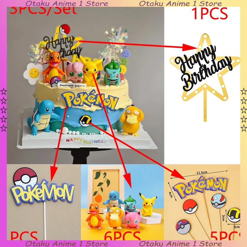 13PCS/SET Pikachu Cake Topper Decoration Boy Girl Happy Birthday Cute Poke Boll Vinyl Anime Figure Cake Ornaments Bake Supplies