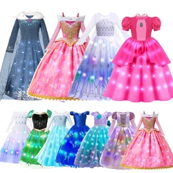 Disney 2024 Evening Party Girls LED Lights Frozen Elsa Anna Princess Ariel Dress Coslplay Halloween Luminous Prom Gowns