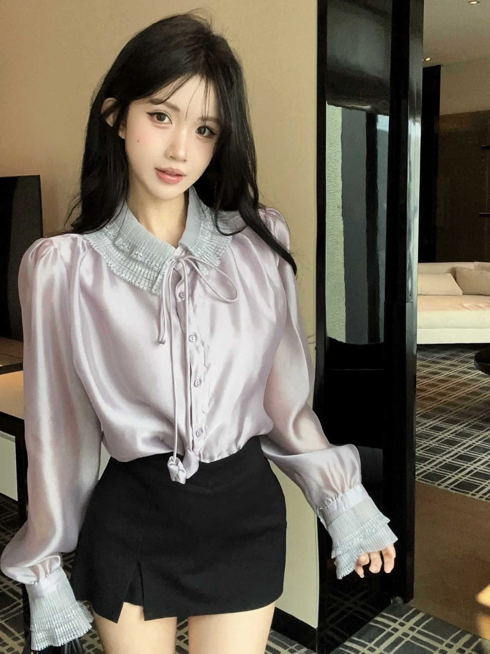 

Purple Silk antung Blouse Women's Early Spring Court Sle Doll Collar Top under irt High End Feeling Long Sve irt