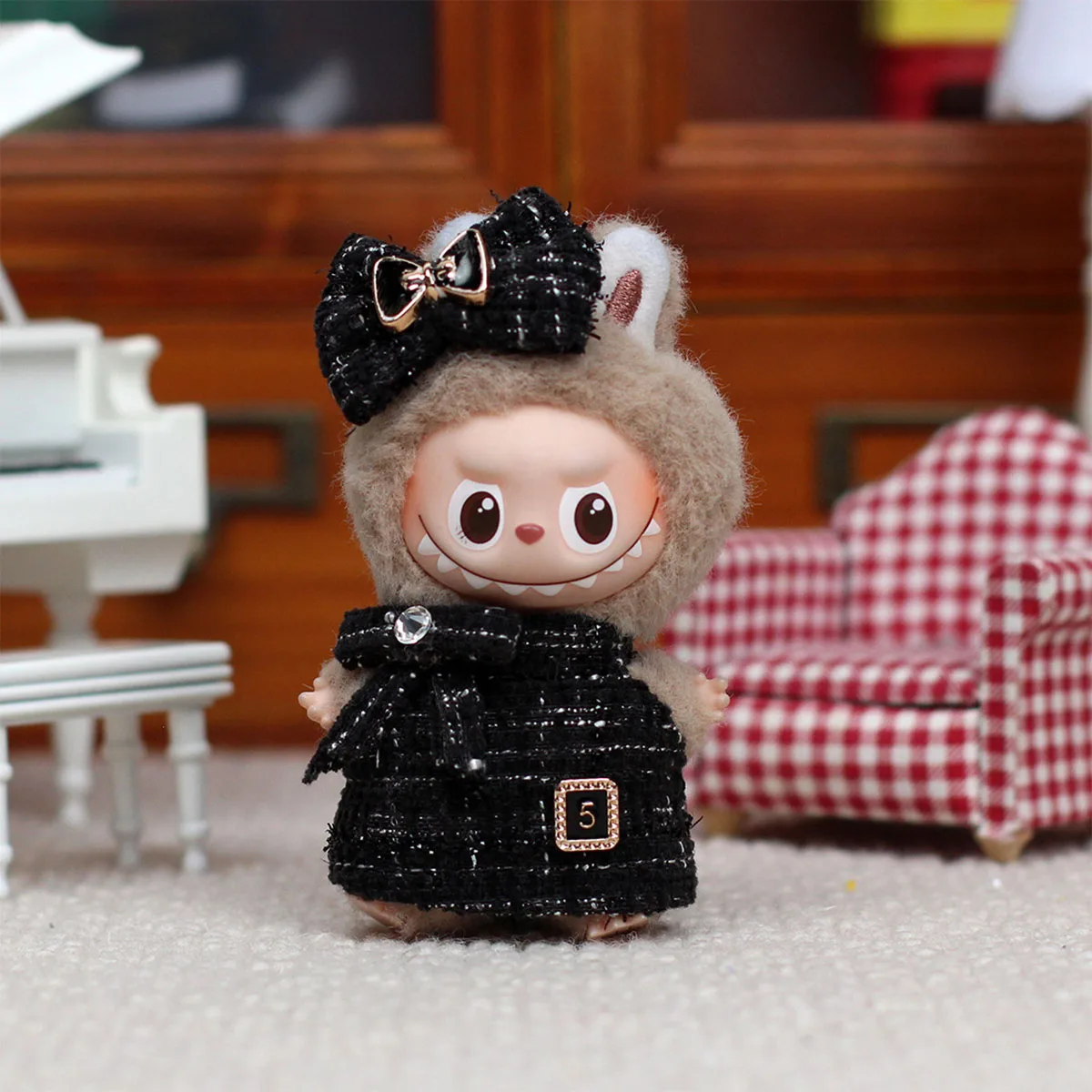 Plaid Dress Bow Hair Set Clothes For 10.5cm Labubu 4.0 Monster Needle Pin for Love Series Doll's Dressing Clothing Accessories