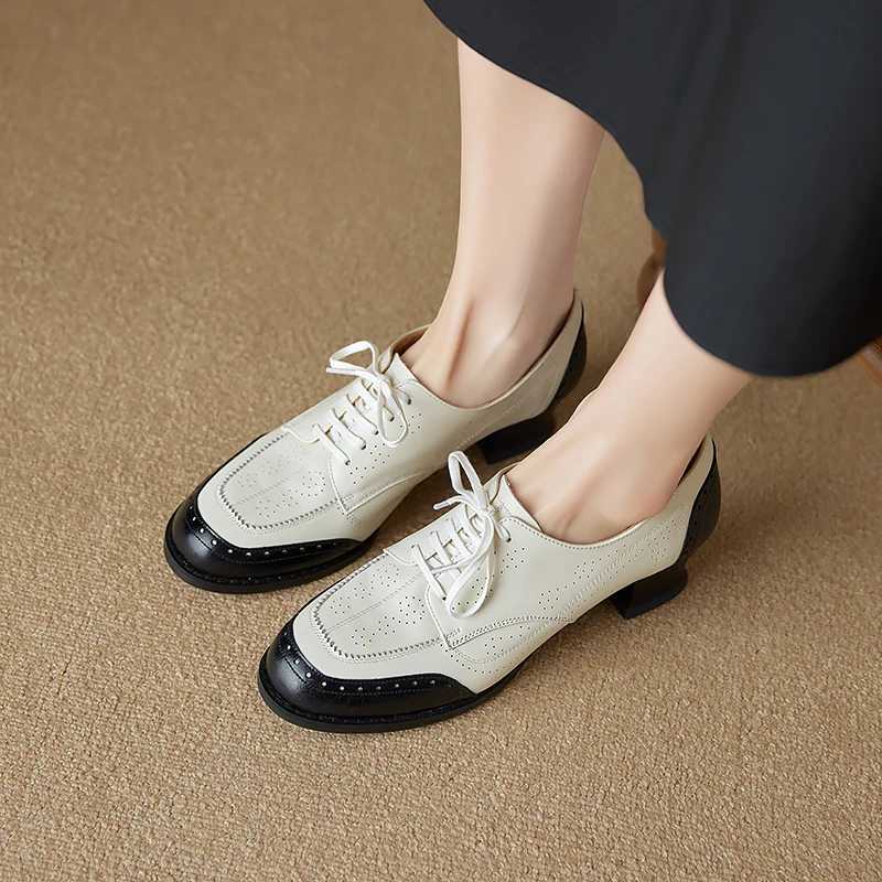 New Genuine Leather Women High Heel Shoes Lace Up Classic Round Toe Mid Heels Shoes Casual Loafers Office Lady Dress Size 34-40