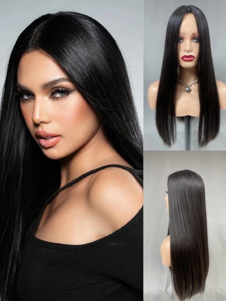 

Effortless Straight Jewish wig black color silk top thick and invisible hairline long hair full density no short hair kosher wig