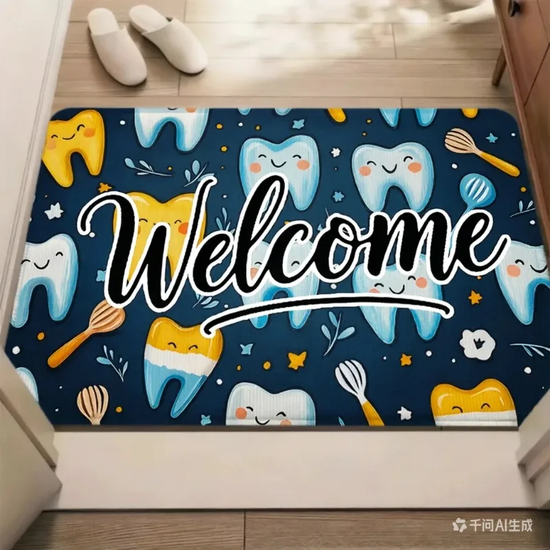 Cute Teeth Welcome Doormat Dark Blue Cartoon Tooth Floor Rug Indoor Outdoor Entrance Carpet for Dental Clinic Hospital Decor Mat