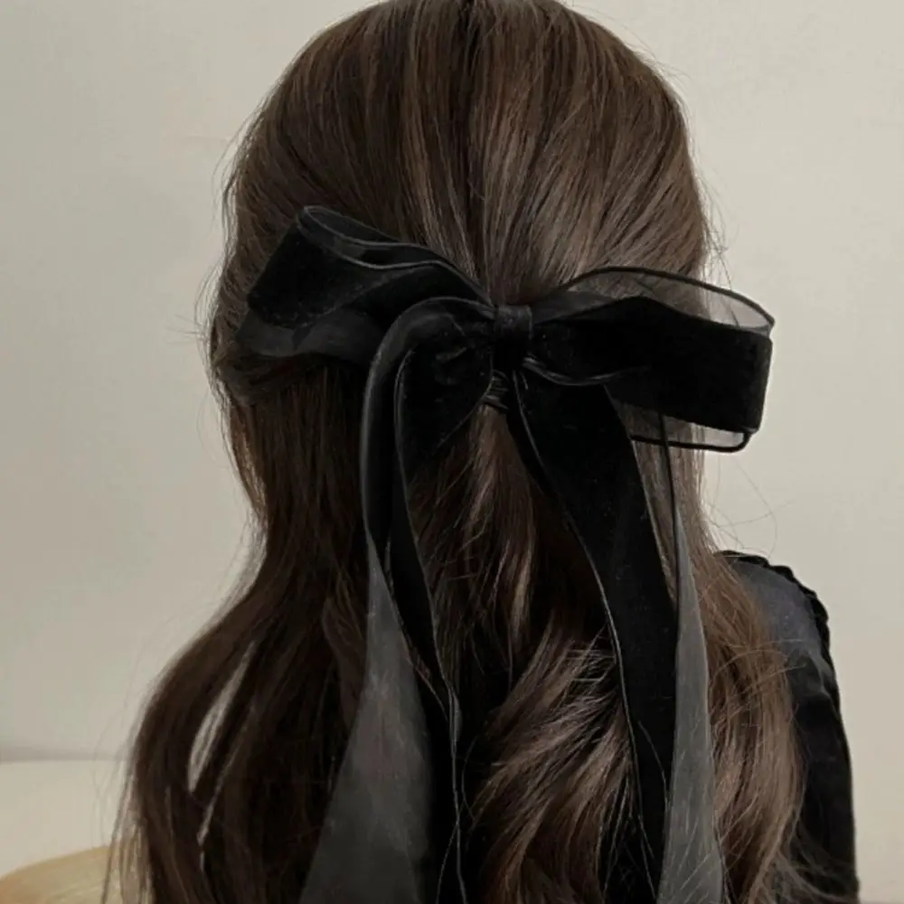 Velvet Hair Clip French Ribbon Black Hair Bows Hair Ring Long Tulle Hepburn Style Hair Hoop Lady Girls