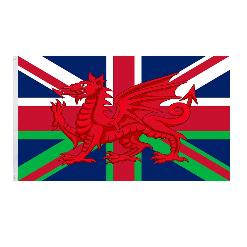 

Wales Flag with Union Jack - Vibrant Red & Blue Dragon Design, Durable Thick Polyester, Single-Sided Print