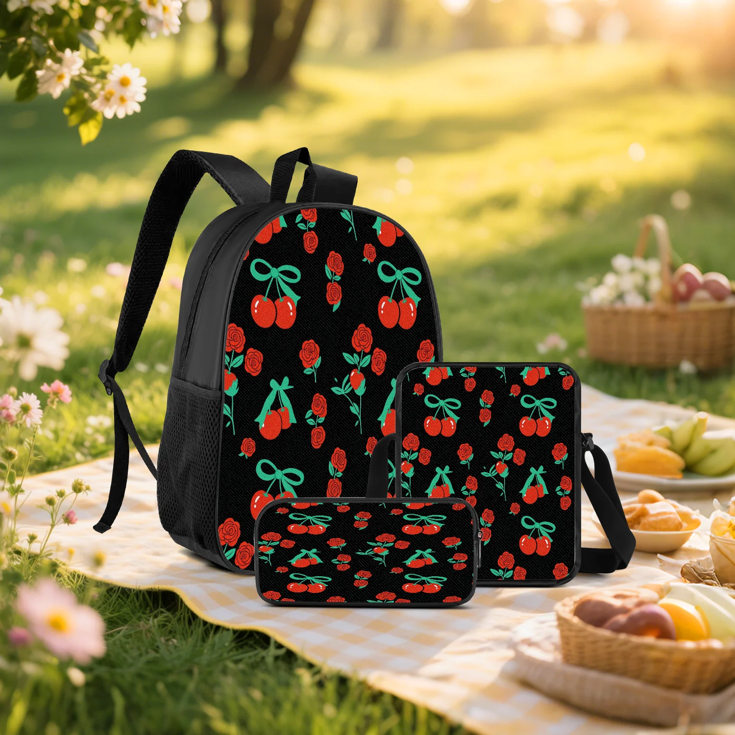 3-Piece Cherry and Rose Print Backpack Set, Includes Backpack, Crossbody Bag and Pencil Case, Lightweight Unisex