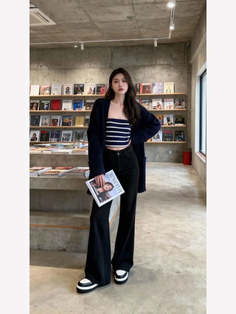 

Korean Style Lazy Fashion Women's Loose Knitted Cardigan And Stripe Tube Top Two-Piece Set Early Autumn New Arrival