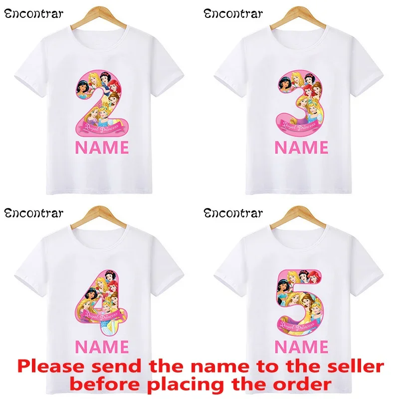 

Disney Princess Number Bow Print T shirt Kids Clothes 1 2 3 4 5 6 7 8 9 Years Birthday Girls Customize Name T-Shirts Baby Tops