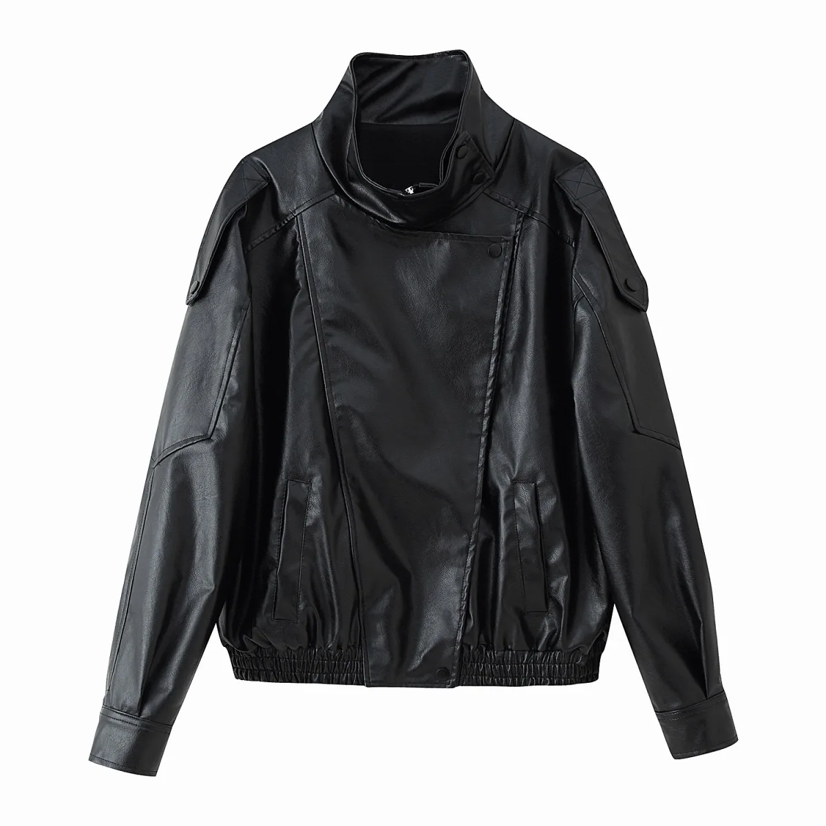 Moto Biker Jacket Ladies Faux Leather Stand Collar Zip Up Long Sleeve Soft Pocket Black Cropped Loose Warm Elegant Trendy Jacket