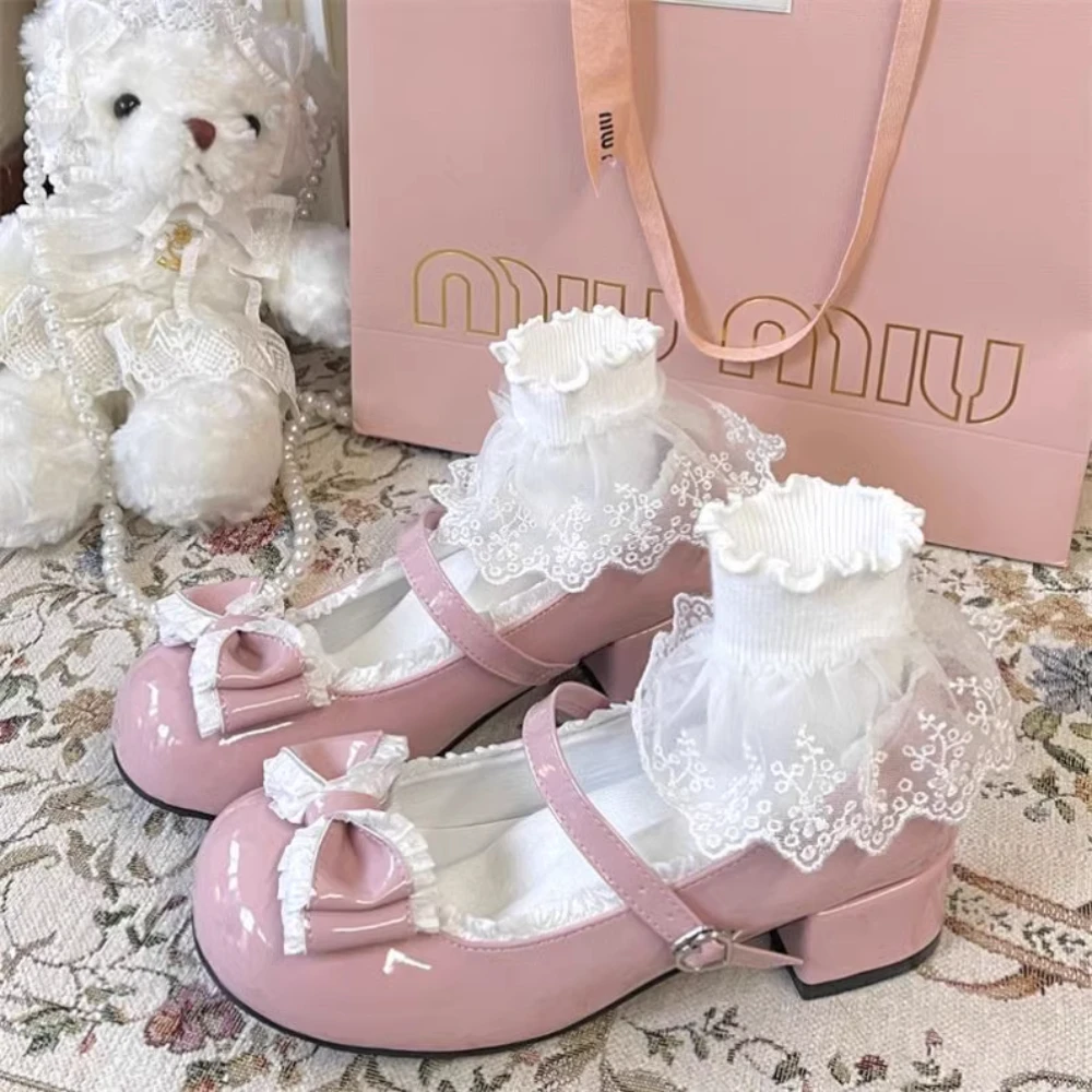 

Lolita Mary Jane Platform Women Shoes Cute Japanese Kawaii Lace Mid-heel Casual Pink Leather High Heels Student Pumps