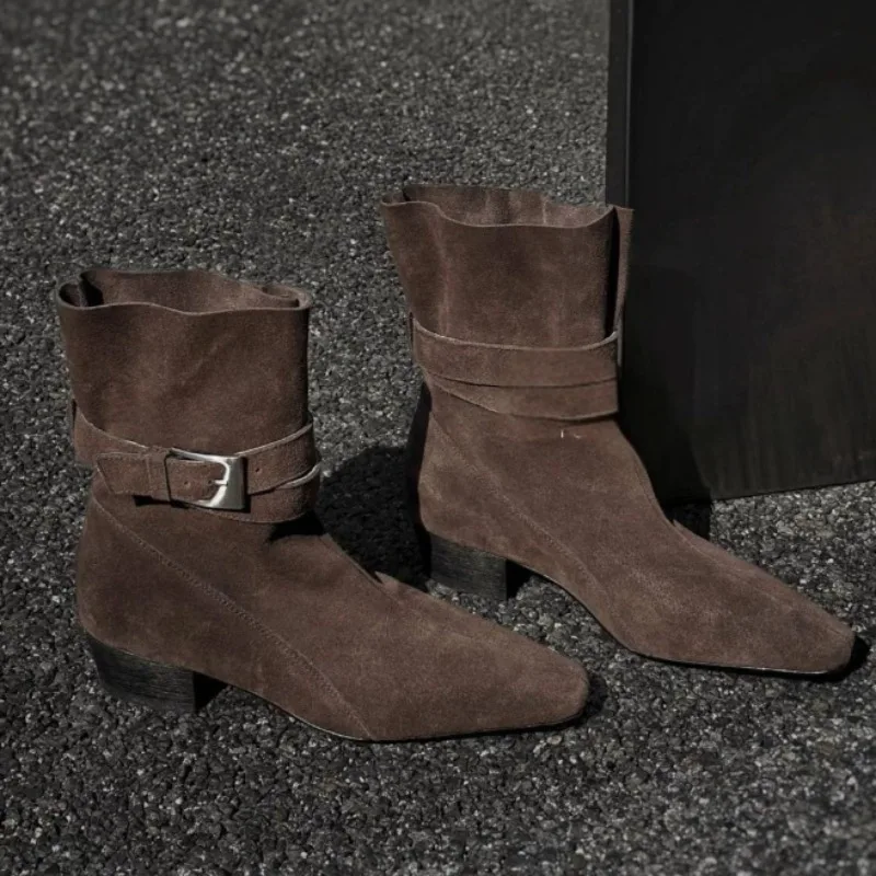 

Mid Heels Women Pointed Toe Short Boots Designer Elegant 2025 New Shoes Winter Chelsea Classical Ankle Boots Dress Buckle Pumps
