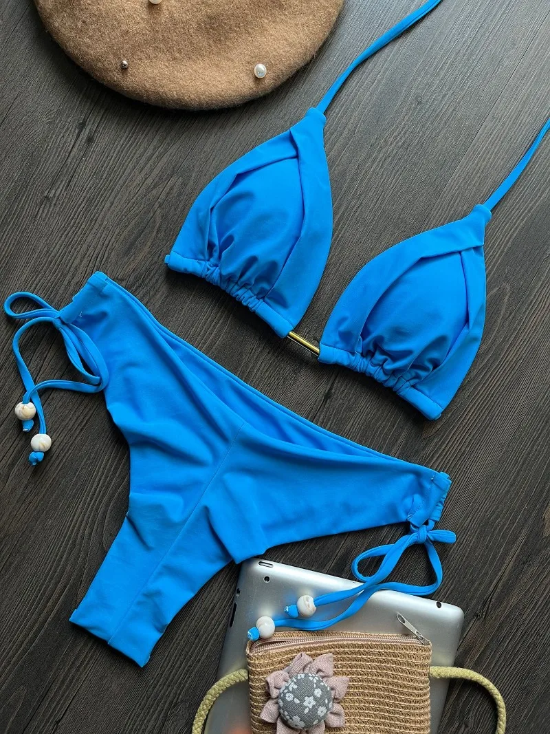 New Sexy Triangle Bathing Suit for Women Lace Up Brazilian Bikinis Halter Swimwear Push Up Swimsuit Metal Chain Beach Bikini Set