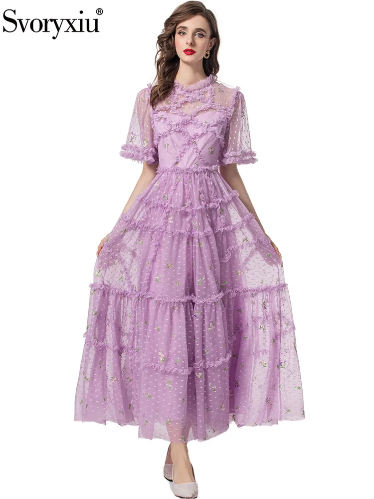 

Svoryxiu Runway Fashion Summer Violet Elegant Net Yarn Midi Dress Women's Flounces Collar High Waist Floral Embroidery Dress