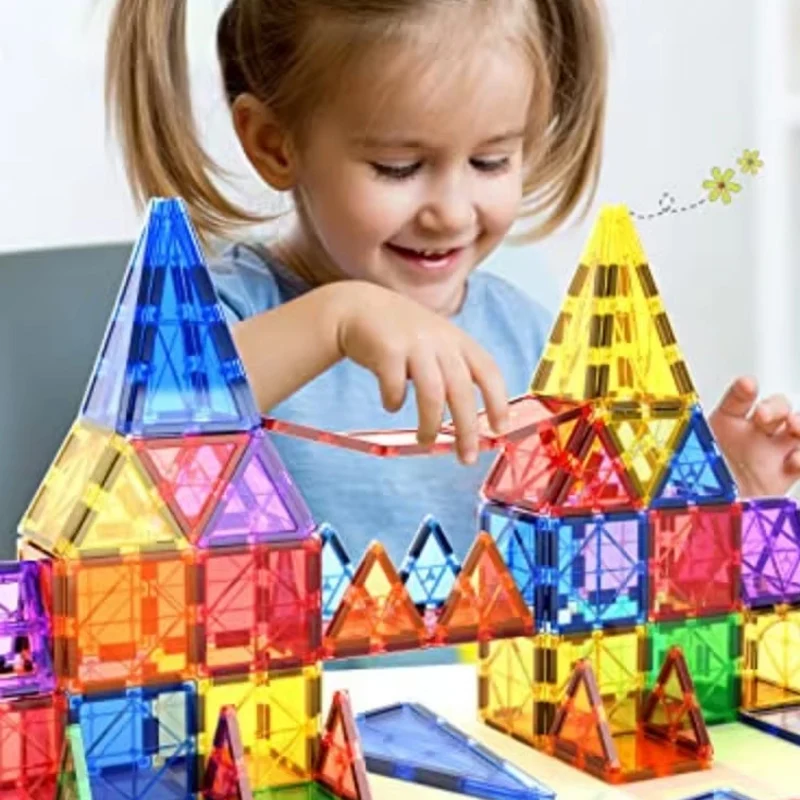 تجميع اللبنات المغناطيسية الملونة عبوة 2.95 "مربع/مثلث/مستطيل للأطفال ألعاب تعليمية ذاتية الصنع الطوب المغناطيسي