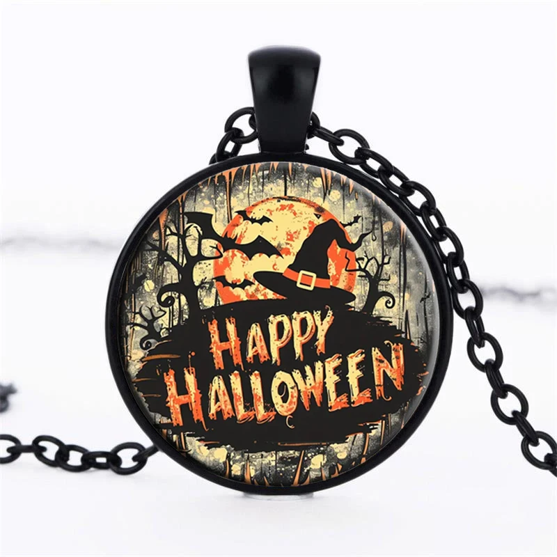 Punk Happy Halloween Necklace Black Cat Bat Witch Glass Dome Pendants Necklaces All Saints' Day Gifts