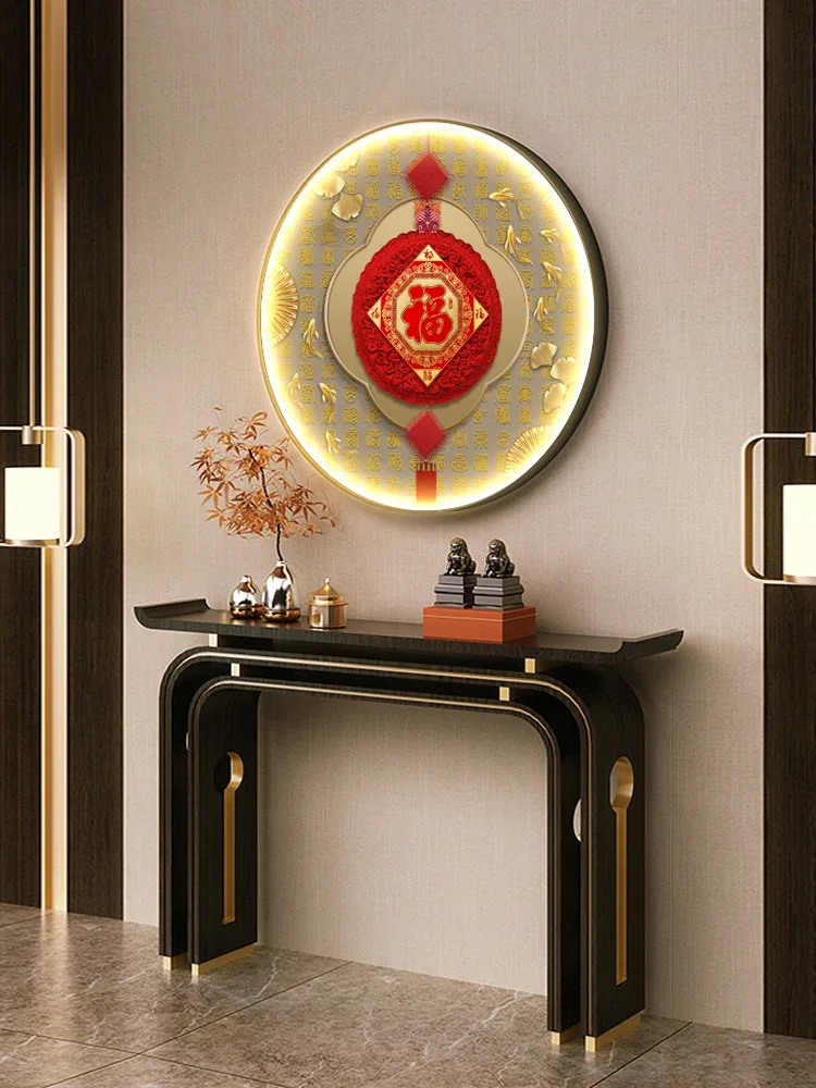 New Chinese style entrance decorative painting round blessing hanging painting Chinese knot luminous lamp painting living room B