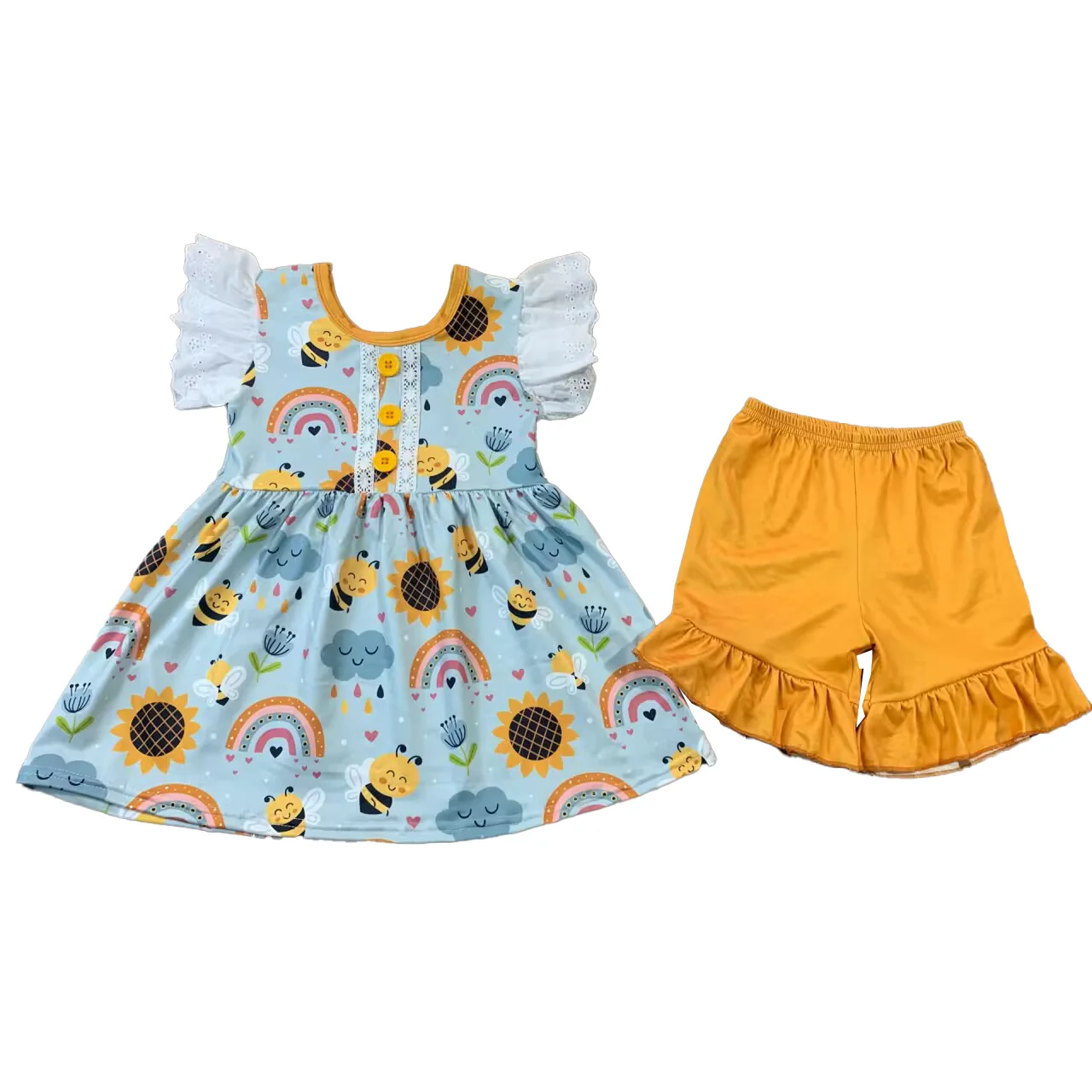 

Summer Girl Baby Girl Yellow Bee flower pattern dress set + romper + dress children's clothing boutique