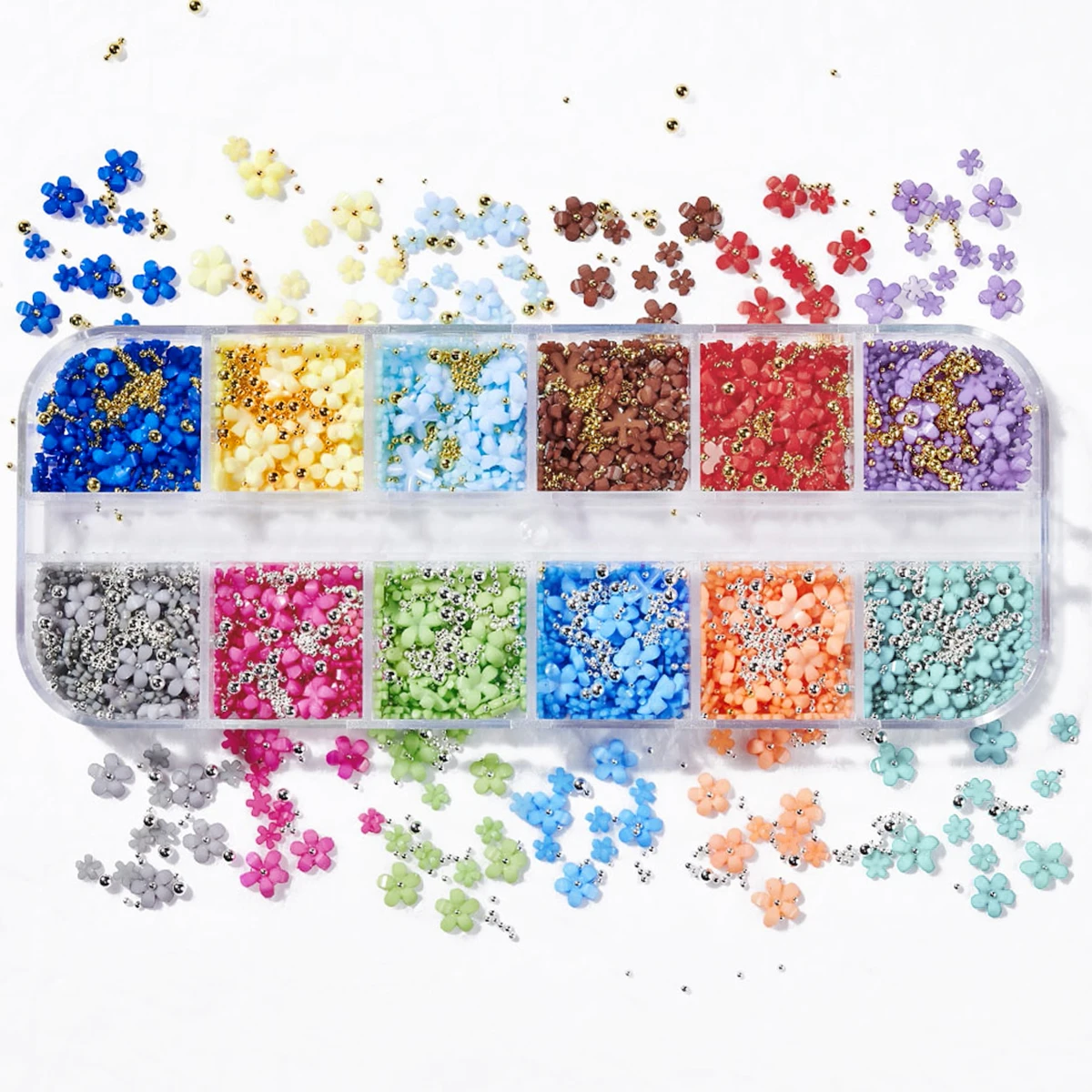 12Grids Kawaii Acrylic Flower 3D Nail Art Resin Charms Gold Beads Caviar Mixed Floral Rhinestones Manicure Accessories