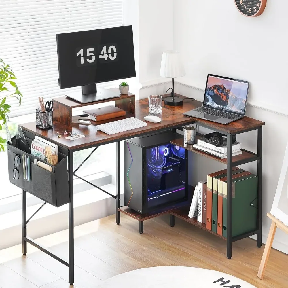 OEING-L Shaped Computer Desk, Tomadas e Portas USB, Home Office com Suporte para Monitor, Canto, 47"