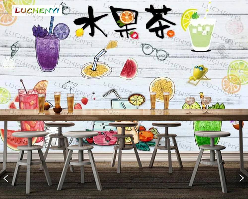 Papel de parede custom multicolored fruit 3d wallpaper mural, restaurant milk tea juice shop dining room wall papers sticker