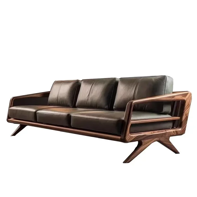 Solid wood sofa living room, black walnut modern simple three-person straight leather sofa