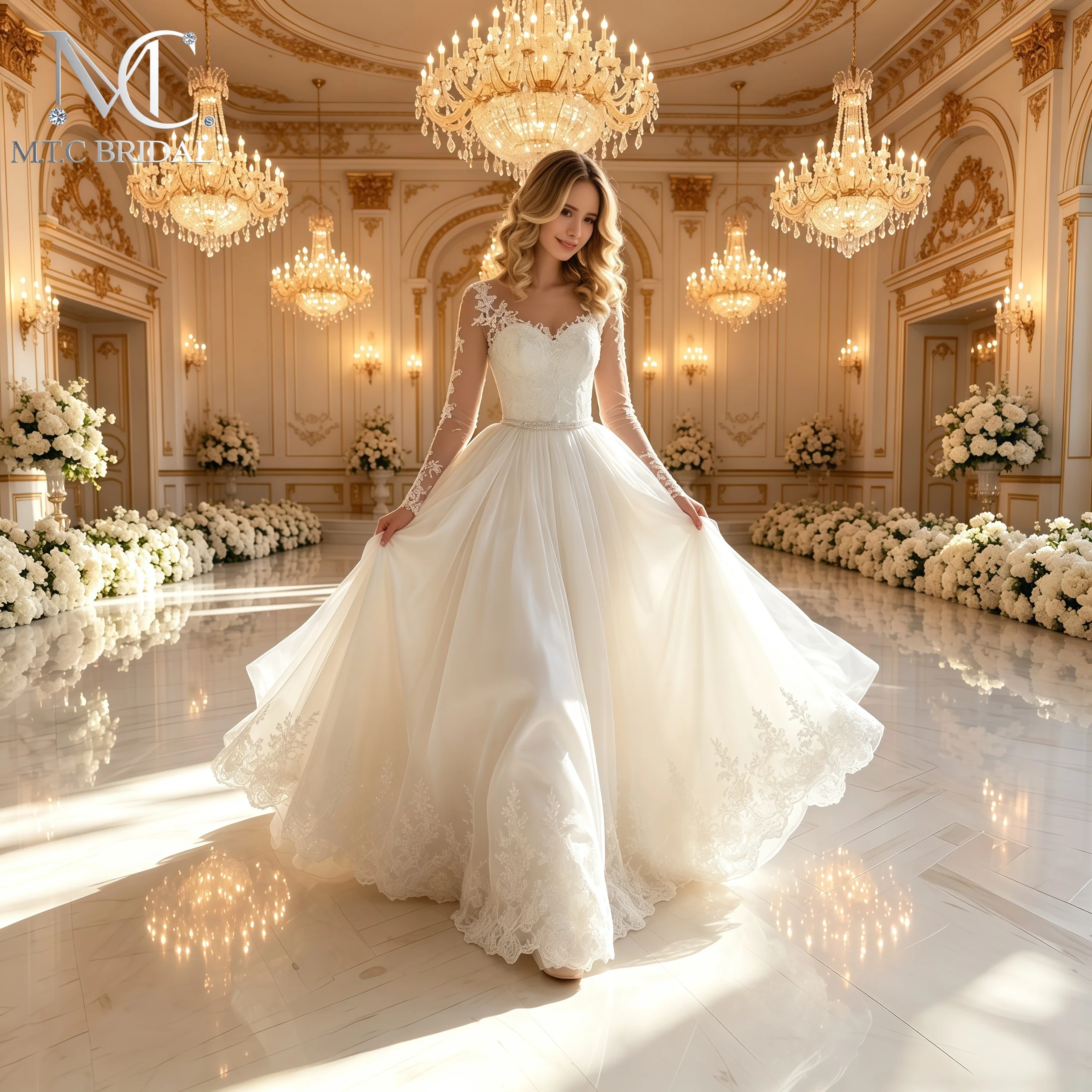 Visible Long Sleeves A Line Wedding Dress With Belts Gorgeous Lace Appliques Tulle 2026 Bridal Gown For Wedding Vestido De Noiva