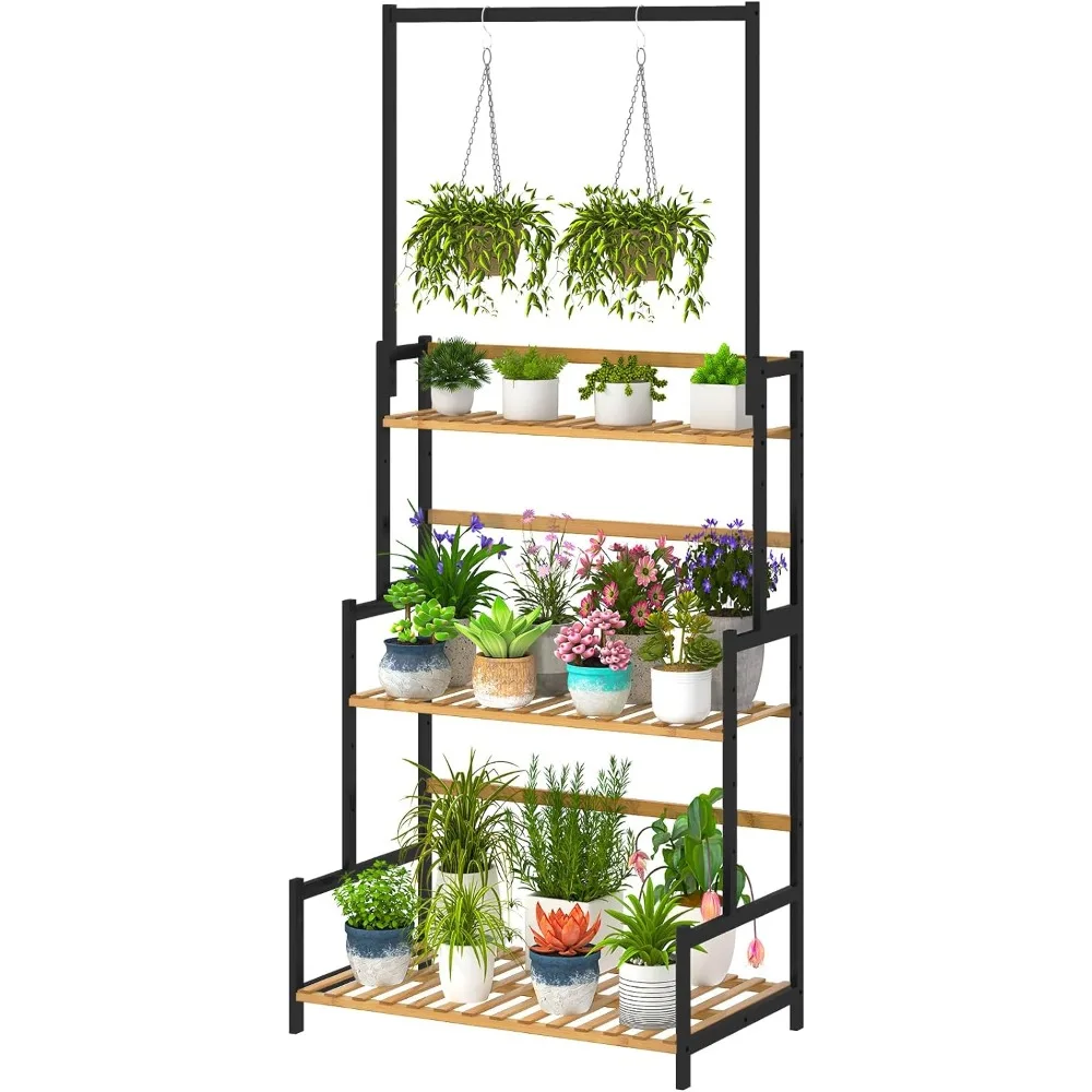 

Ufine Bamboo Hanging Plant Stand 3 Tier Ladder Shelf with Hanging Rod Height Adjustable Flower Pot Display Organizer for Balcony