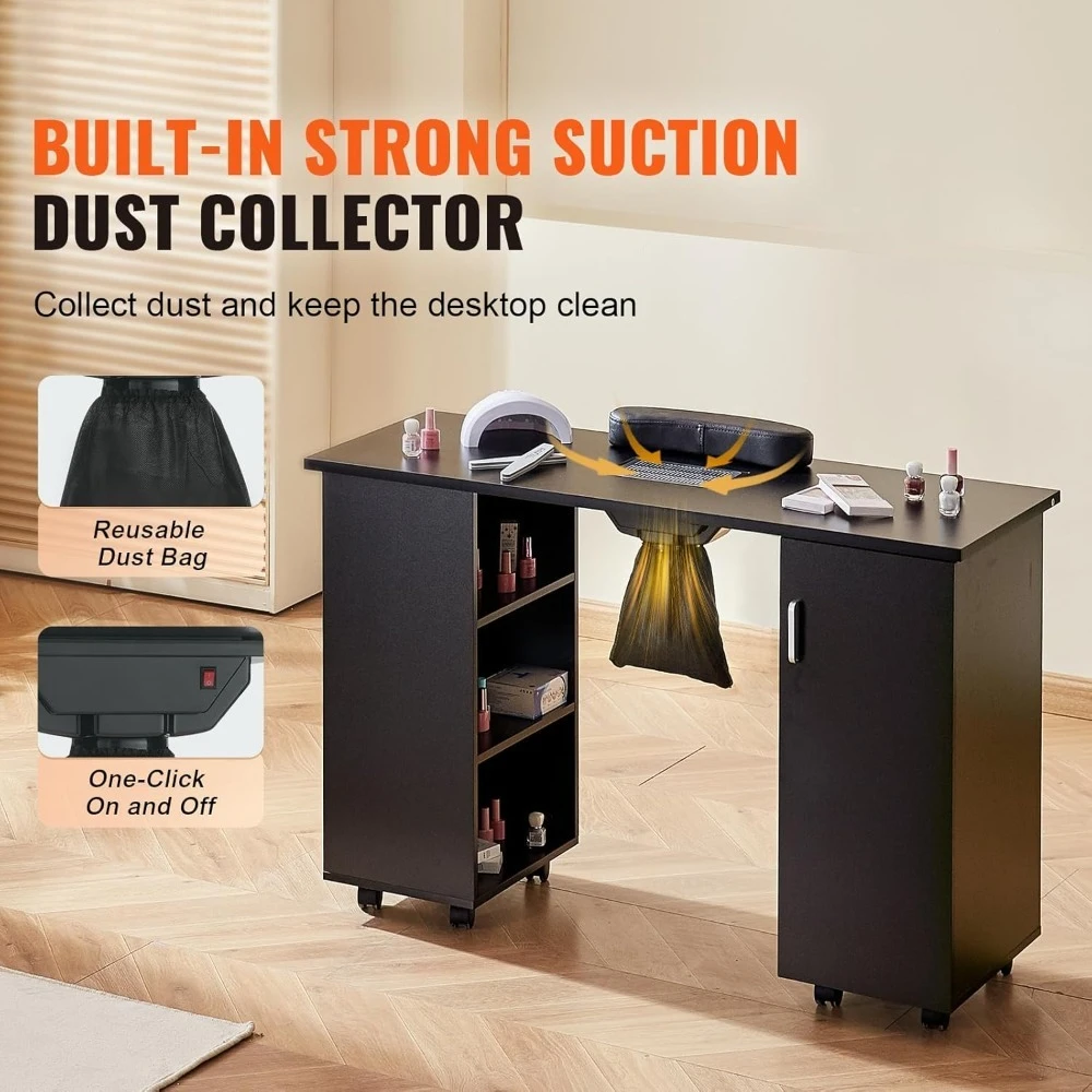 Manicure Nail Table, Mobile Nail Station with Powerful Dust Collector, MDF Nail Tech Desk with 8 Lockable Wheels