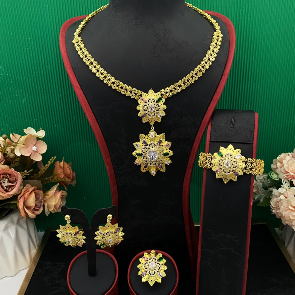 JRH Bride Wedding Elegant Gold Plated Copper Zircon Jewelry Set Necklace Earrings Ring Bracelet Full Set For Women