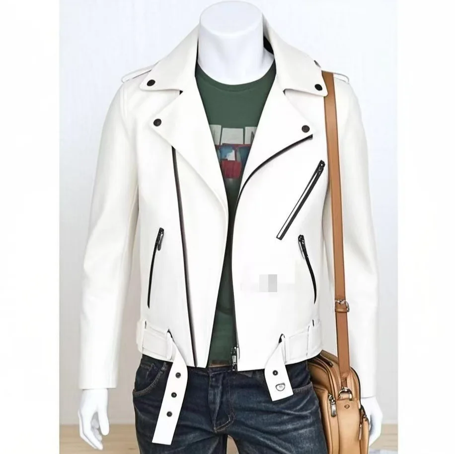 

Spring Autumn New Men's Clothing Black White with Many Zippers Long Sleeve Belt Adjustable Hem Tops Plus Size Men Leather Coats