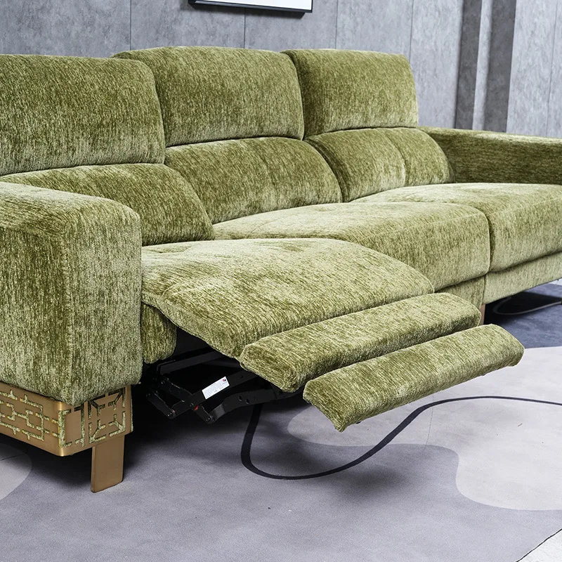 First-class fabric sofa, retro wind chenille electric function straight row three-person sofa