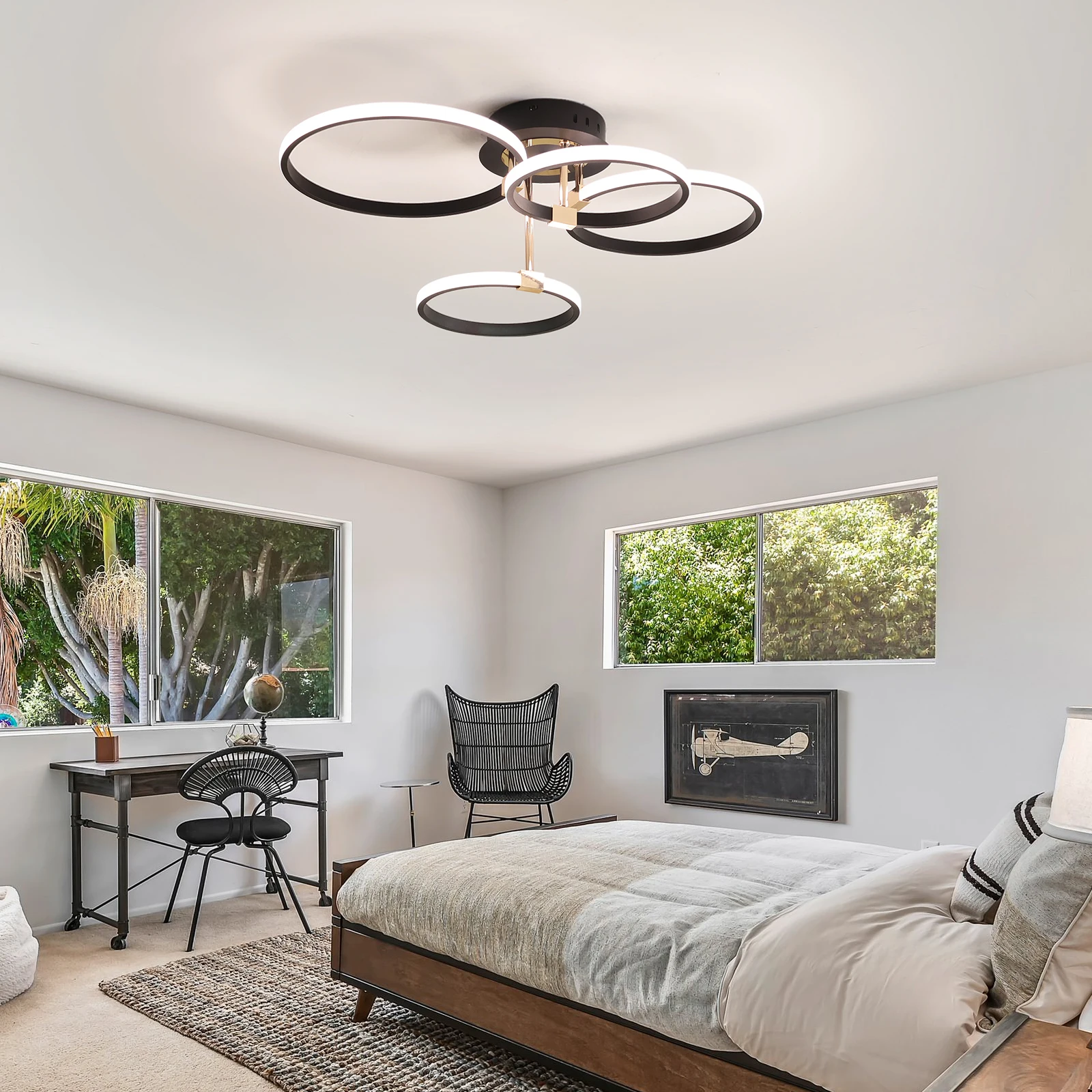 ثريا ليد للسقف دائري 4/6 رؤوس تحكم عن بعد تضاؤل للمطبخ غرفة نوم صالة (أسود/ذهبي/كروم)