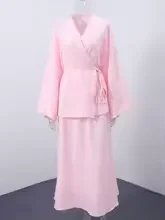 Elegant Two Piece Set for Woman V-Neck Lace Up Long Sleeved Cardigan Top High Waist Skirt Set Elegant Casual Slim Fit Skirt Set