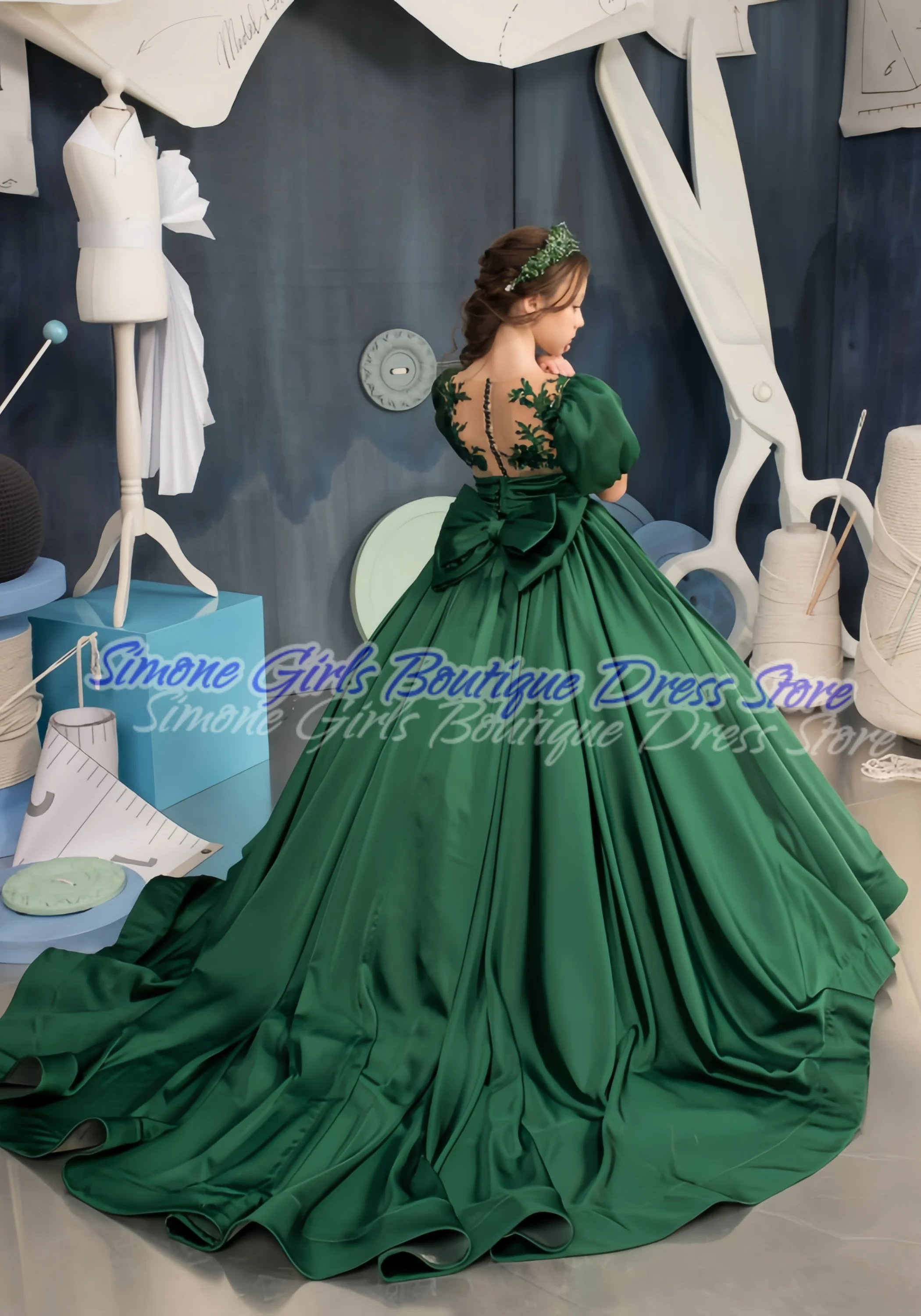 Princess Dress Contrast Lace Lace Up Sequin Lantern Sleeve Flower Girls Dresses for Birthday Parties Formal Receptions