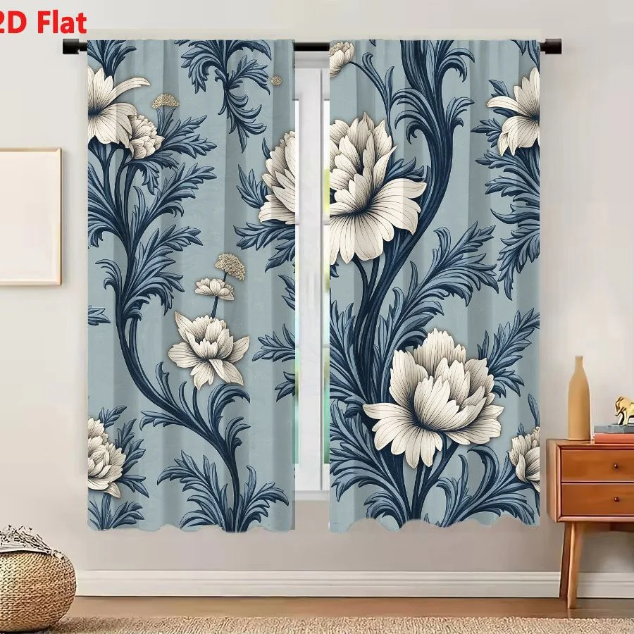 2Pcs Curtains Add 2D Flat Seamless Floral Pattern With Large Cream Blooms And Navy Stems On Blue Gray Background Window Drapes f