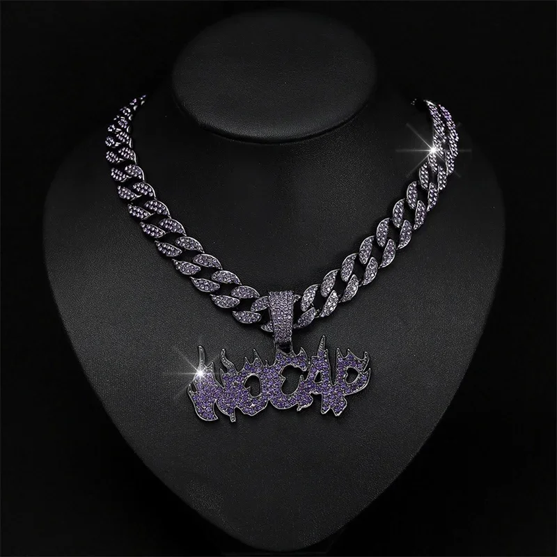 Men Women Hip Hop Purple Zircon NOCAP Pendant Necklace With 13mm Cuban Chain Iced Out Bling Flame Letter Fashion Jewelry